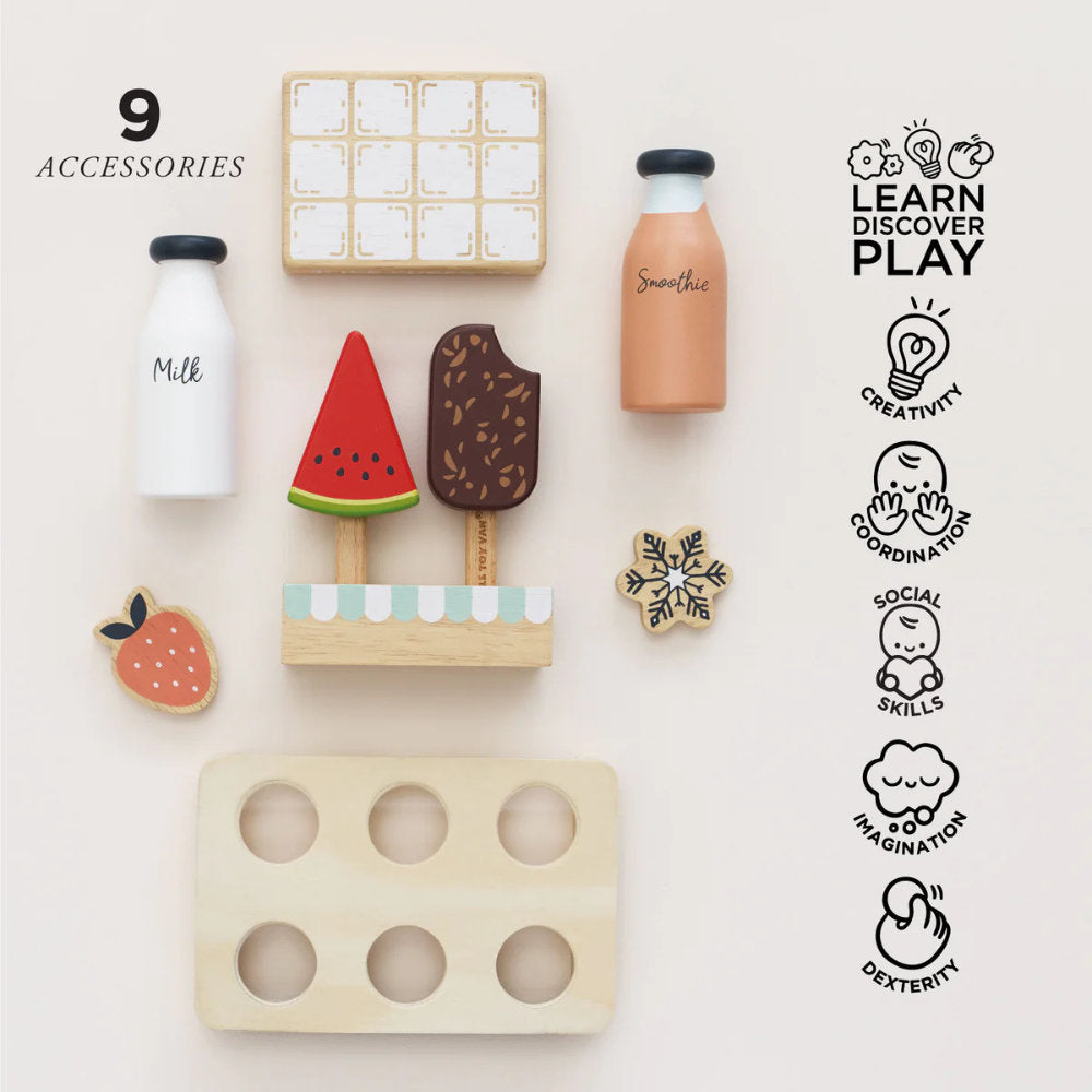 Wooden Freestanding Fridge Freezer โ 10pcs Pretend & Play