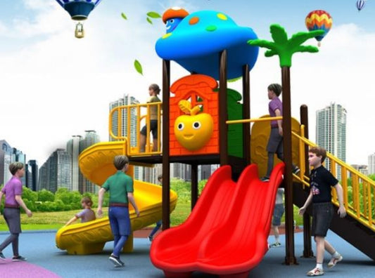 Colorful Giant Mushroom and Apple-Themed Jungle Gym.