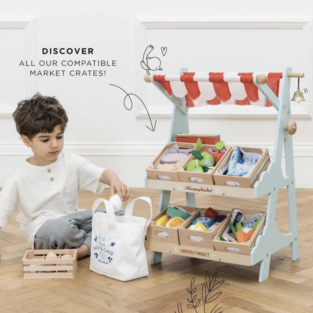 Wooden Market Stall & Fruit Play Food Crate – 3pcs
