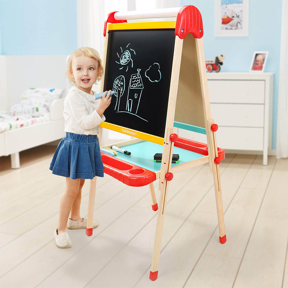 TopBright – 2 in 1 Deluxe Standing Art Easel – Adjustable Height – Black & White Board with Paper & Paint Holder
